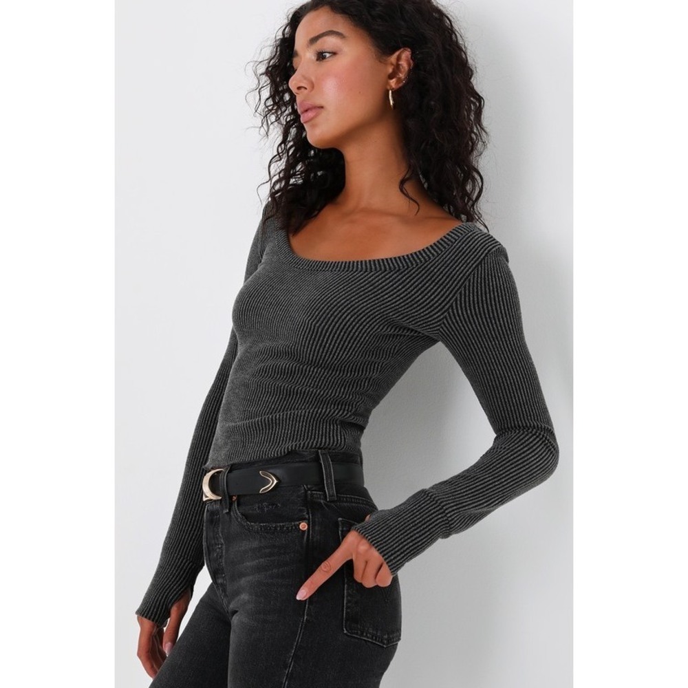 Lulus Perfectly Mine Charcoal Ribbed Long Sleeve Top